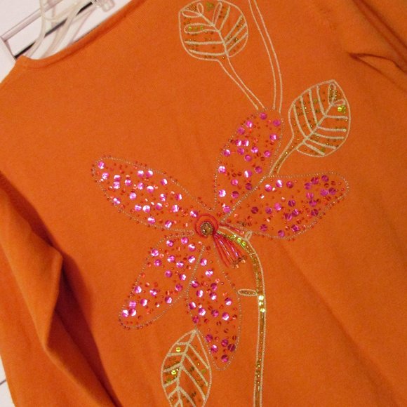 Central Falls Women's Orange Cardigan Sweater Embellished w/Flowers & Ants - Picture 3 of 8